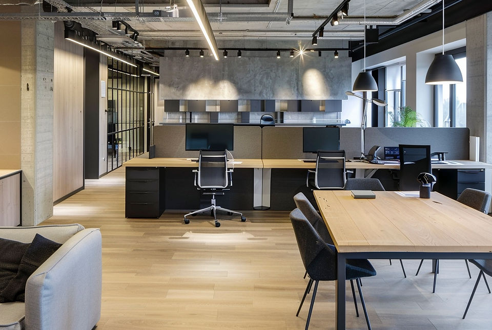 Scandinavian open-plan office with light wood colors