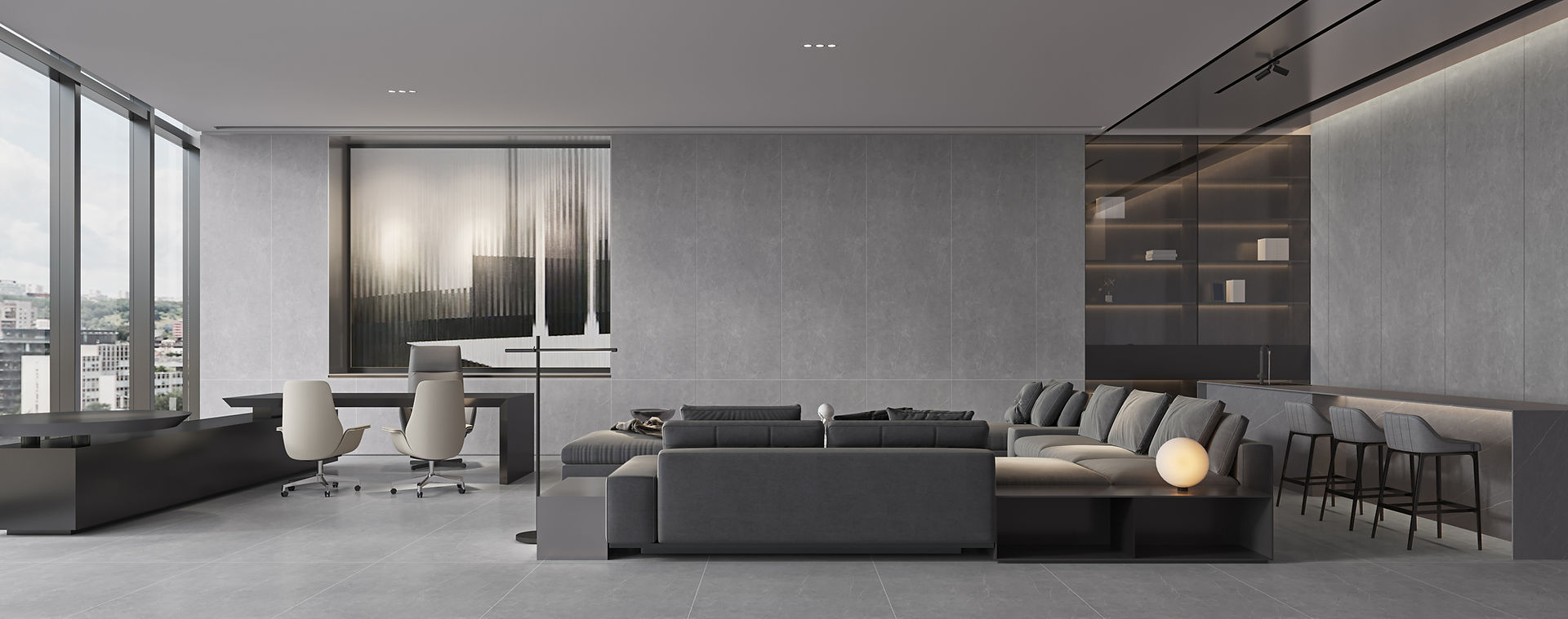 Living room with couch, table with chairs and lamp